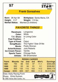 1992 Jockey Star #97 Frank Gonsalves Back